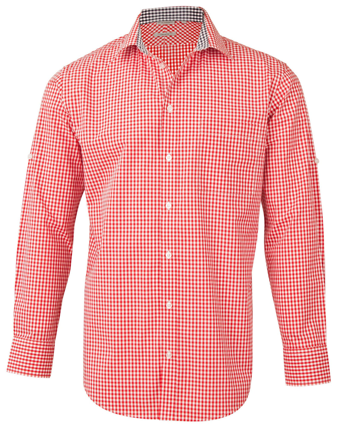 Benchmark M7330L Mens Gingham Check Long Sleeve Shirt With Roll-Up Tab Sleeve